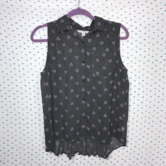 American Eagle Outfitters Sheer Sleeveless Button Up Gray Heart Blouse - Picture 1 of 4